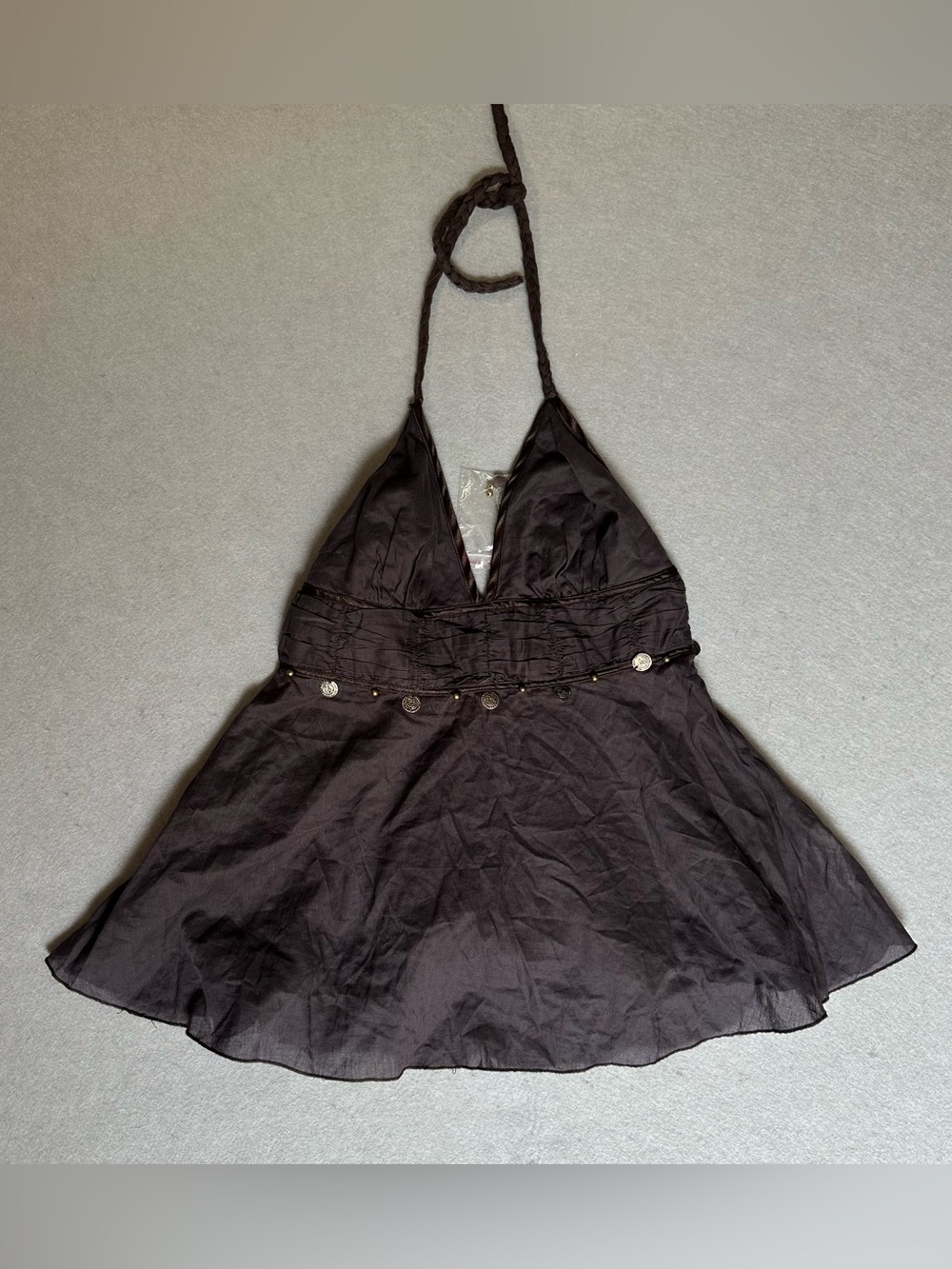 Zara Black Halter V-Neck Flared Top with Waist Button Trim